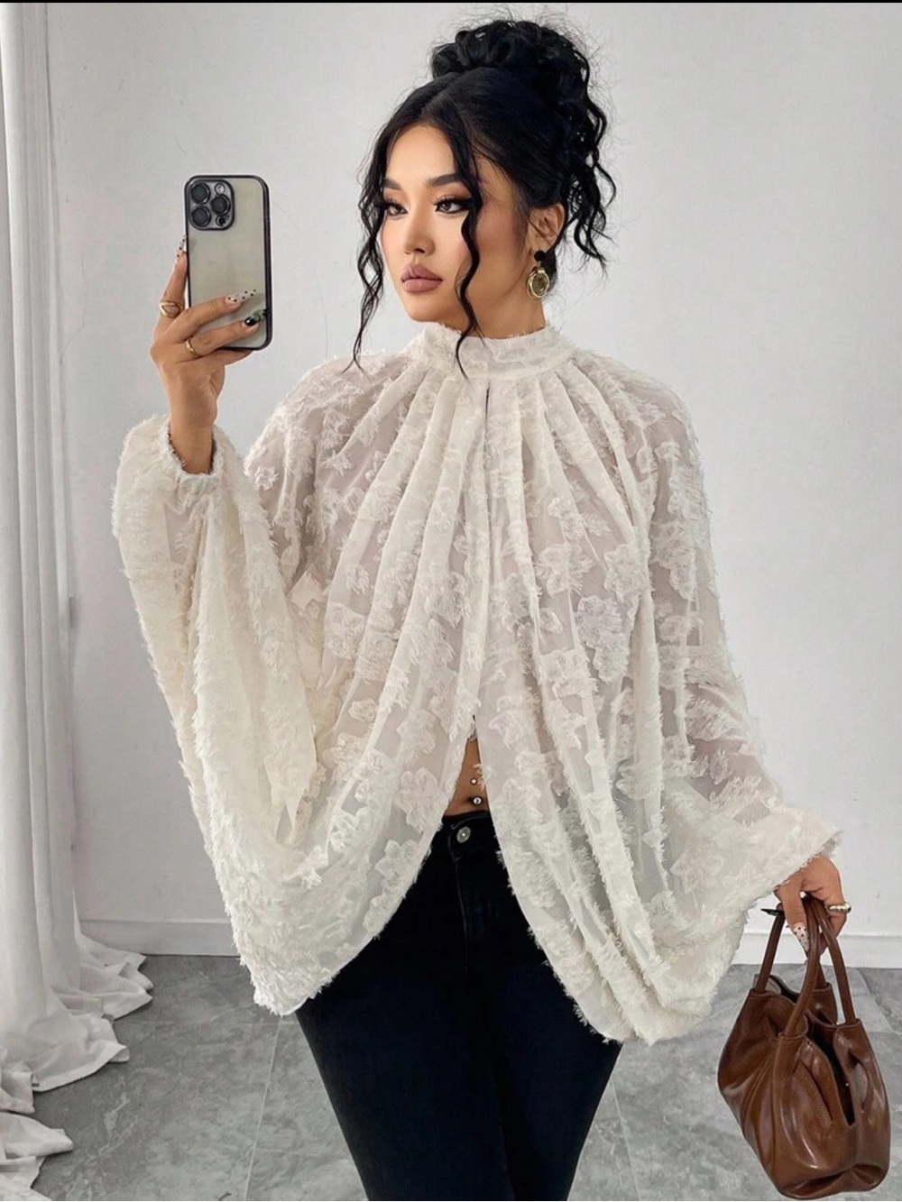Elenzga Plus Size Elegant Commuter Chiffon Jacquard Batwing Sleeve Top